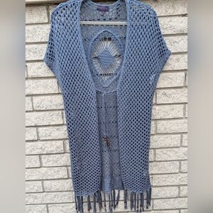 Artesia Open Knit Blue Crochet Beach Cover-Up With Fringe & Wood Beads Sz Large